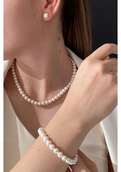 BIRINCI1926 925 Ayar Gümüş Kadın Sıralı Inci Kolye Bileklik Küpe Set indirimleri