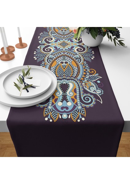 Morlu Mavili Örüntülü Mandala Desenli Runner