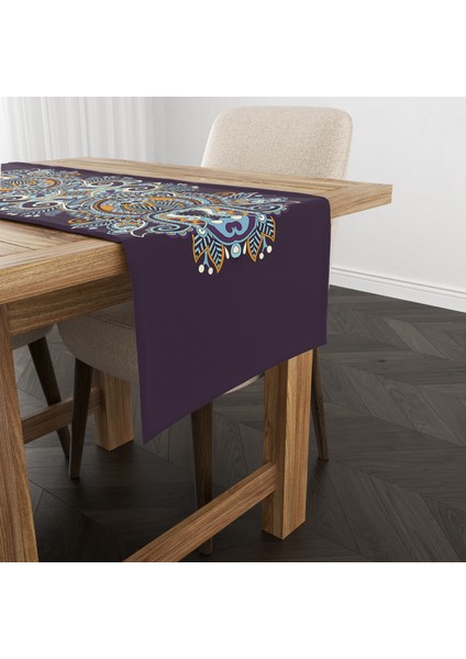 Morlu Mavili Örüntülü Mandala Desenli Runner
