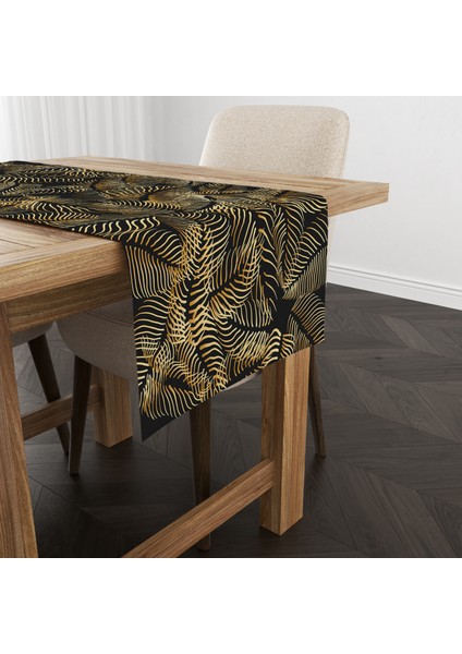 Gold Leaf- Gold Yaprak Desenli Siyah Runner