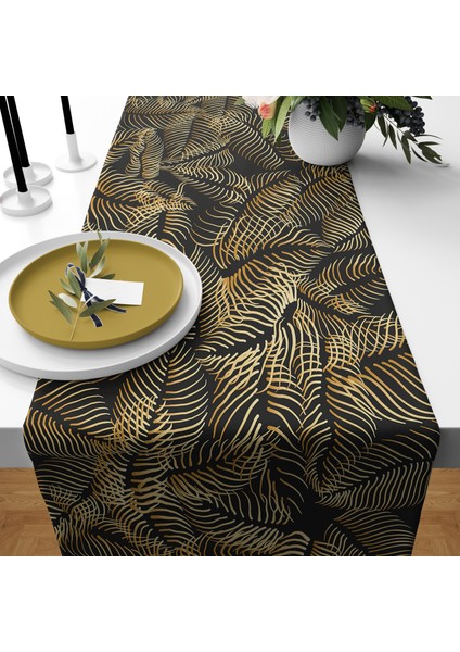 Gold Leaf- Gold Yaprak Desenli Siyah Runner