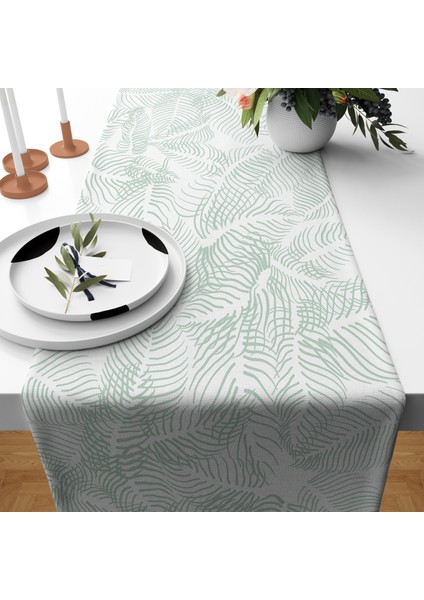 Green Leaf-2- Açık Yeşil Yaprak Desenli Beyaz Runner