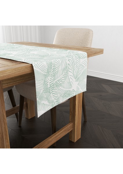 Green Leaf-2- Açık Yeşil Yaprak Desenli Beyaz Runner