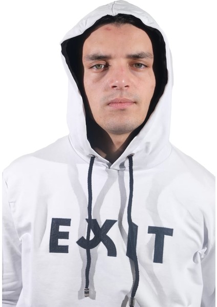 Erkek Exıt Kanguru Beyaz Kapüşonlu SWEATSHIRT-905