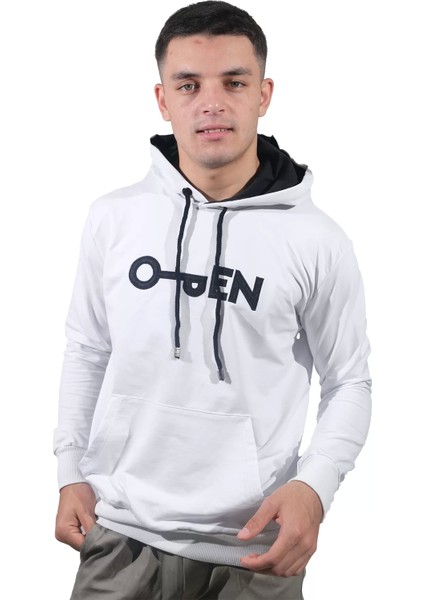 Erkek Open Kanguru Beyaz Kapüşonlu SWEATSHIRT-803