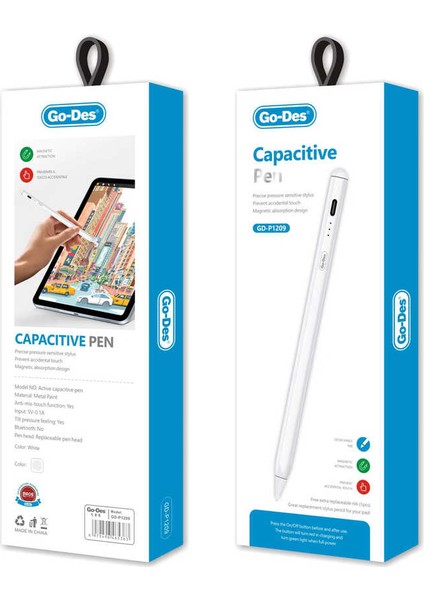 Go Des GD-P1209 Apple iPad Uyumlu Palm Rejection Stylus Pencil Eğim Özellikli Dokunmatik Kalem