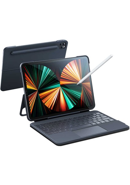 KB02 iPad Pro 12.9 5. Nesil M1 2021 Uyumlu Kablosuz Klavyeli Kılıf Bluetooth Trackpad Keyboard
