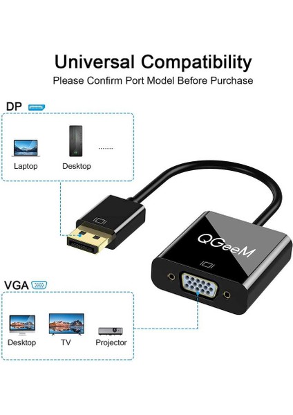 Qgeem QG-HD25 VGA To Display Port Dönüştürücü Adaptör 1080P Full Hd 60Hz Görüntü Aktarım