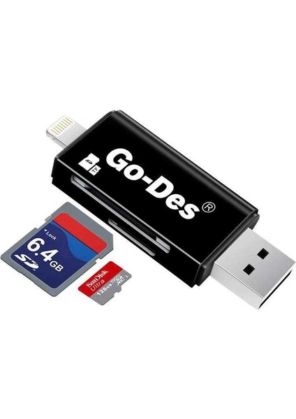 Go Des GD-DK102 Lightning & Micro USB Veri Aktarımı Sd & Micro Sd Kart Okuyucu