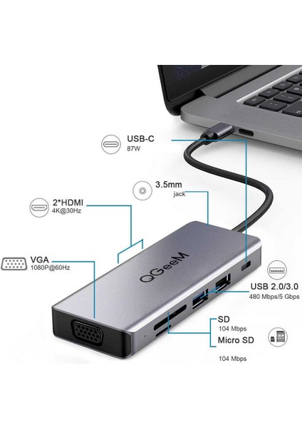 Qgeem QG-UH09 9 In 1 Çok Fonksiyonlu USB Çoğaltıcı Hub Vga-Hdmı-3.5mm-Sd Kart