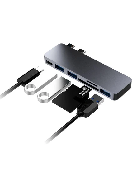 Qgeem QG-UH06 Type-C Hub 6 In 1 Micro Sd + USB 3.0 Çoğaltıcı Adaptör MacBook Pro 13&15 (2018/17/16)