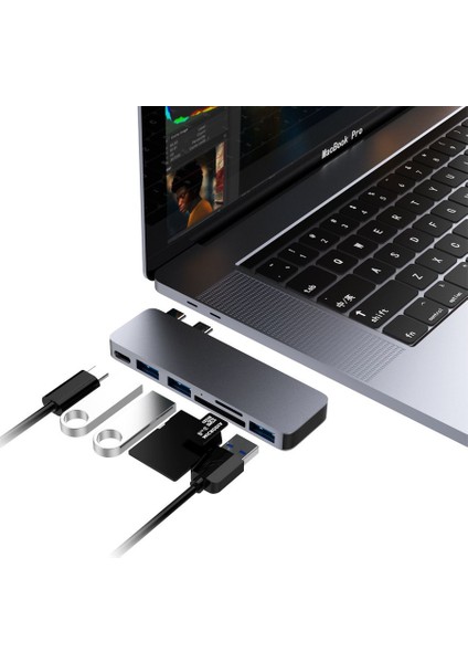 Qgeem QG-UH06 Type-C Hub 6 In 1 Micro Sd + USB 3.0 Çoğaltıcı Adaptör MacBook Pro 13&15 (2018/17/16)