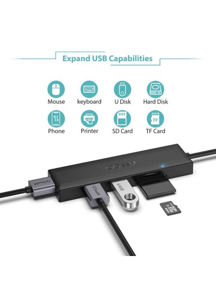 Qgeem QG-UH05 UH05 Type-C Hub 5 In 1 Micro Sd + USB 3.0 Çoğaltıcı Adaptör 20 cm