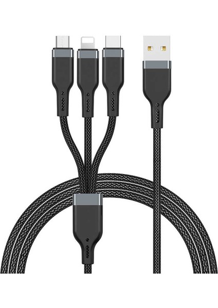 Platinum Serisi PT05 3 In 1 USB Kablo 2.4A Hızlı Şarj Kablosu 120 cm 480 Mbps Data Kablo