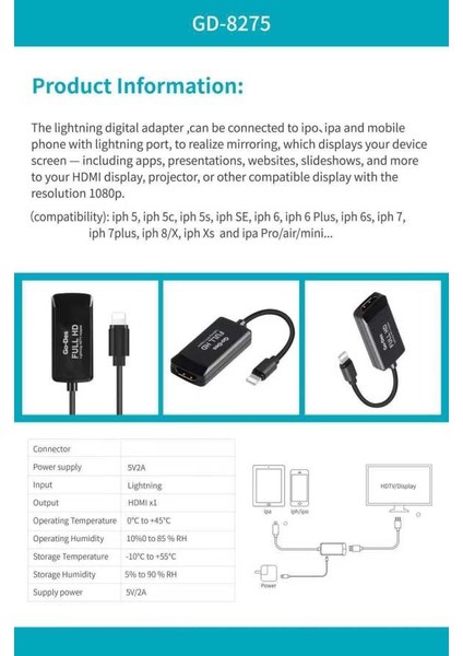 Go Des GD-8275 Lightning HDMI 2k Dönüştürücü Adaptör Lightning Av Kablo