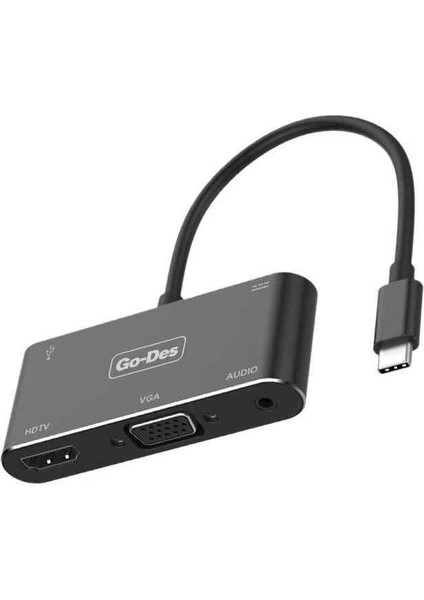 Go Des GD-8761 Type-C To HDMI 4K & VGA & Aux Dönüştürücü Adaptör USB 3.0