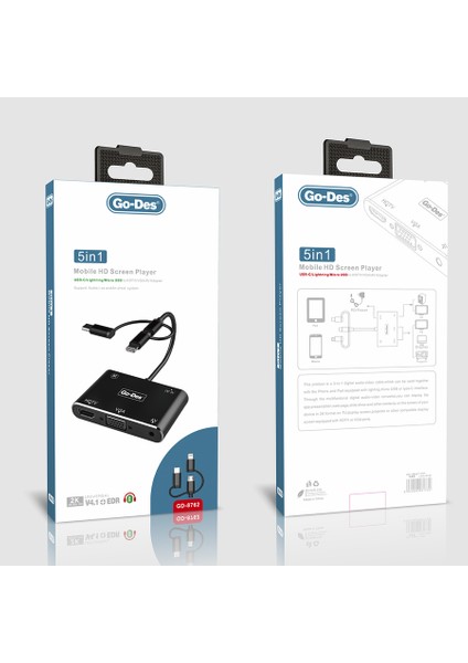 Go Des GD-8762 5 In 1 HDMI VGA Av Dönüştürücü Adaptör Ses ve Görüntü Aktarım Bluetooh V4.2 Edr