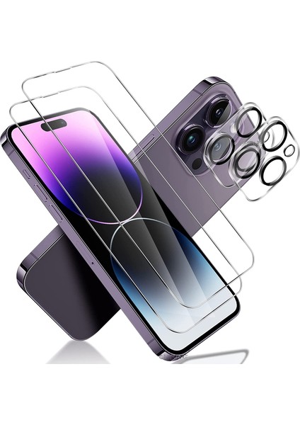 Apple iPhone 14 Pro Uyumlu Ekran ve Lens Koruyucu Set Camı 9h Temperli Cam Tam Kaplar Lens Camı Şeffaf Glass