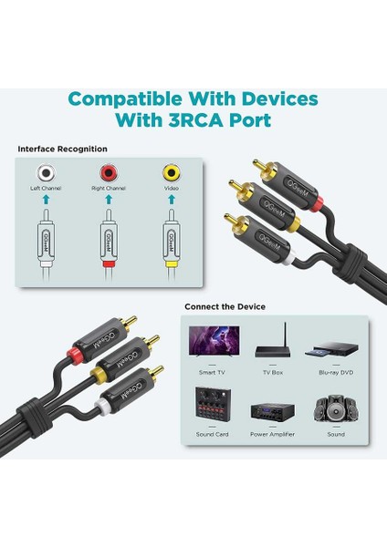QG-AU13 Üçlü Rca Audio Kablo 183 cm / 3 x Rca Erkek (Analog) Ses Kablosu Hi-Fi - Male To Male