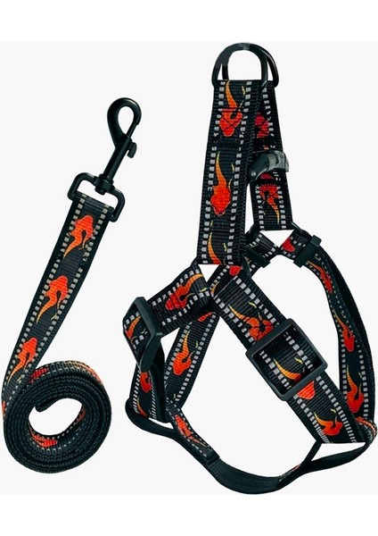 Köpek Göğüs Tasma Seti Reflektörlü Alev Desenli 120 Cm-48 Cm-70 cm Siyah