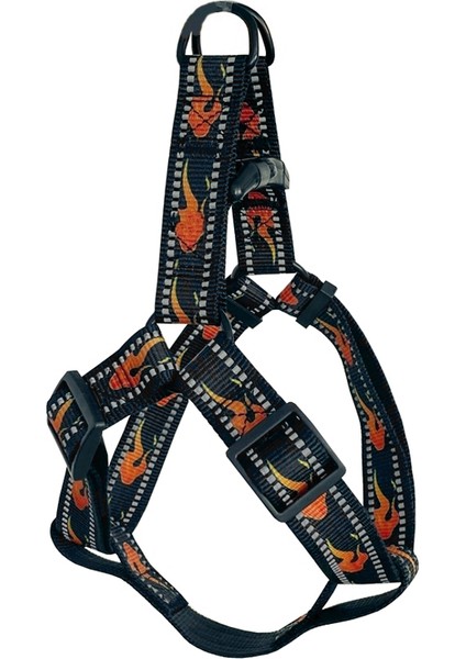 Köpek Göğüs Tasma Seti Reflektörlü Alev Desenli 120 Cm-48 Cm-70 cm Siyah