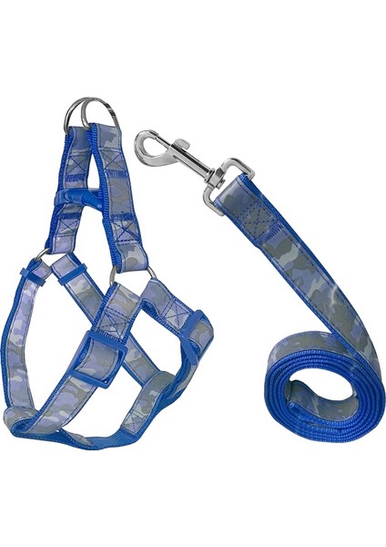 Köpek Göğüs Tasma Seti Reflektörlü Kamuflaj Desenli 120 Cm-40 Cm-56 cm Mavi