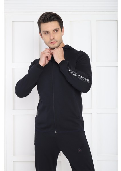 Erkek Spor Lacivert Spor Slimfit, Kapüşonlu, 4 Cepli, 4 Mevsim Eşofman Takımı - 6761