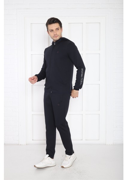 Erkek Spor Lacivert Spor Slimfit, Kapüşonlu, 4 Cepli, 4 Mevsim Eşofman Takımı - 6761