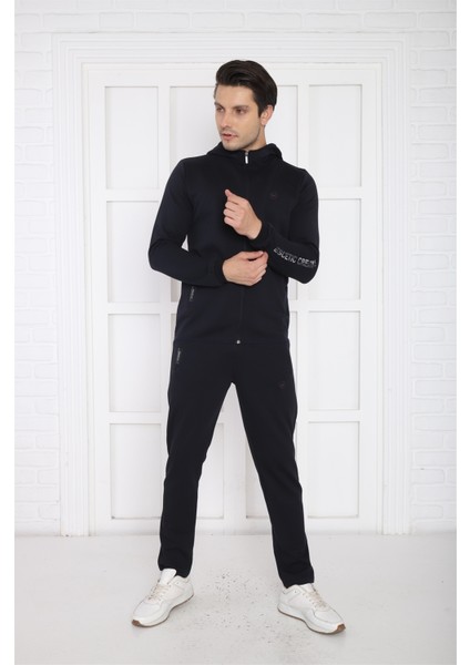 Erkek Spor Lacivert Spor Slimfit, Kapüşonlu, 4 Cepli, 4 Mevsim Eşofman Takımı - 6761