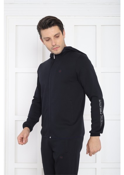Erkek Spor Lacivert Spor Slimfit, Kapüşonlu, 4 Cepli, 4 Mevsim Eşofman Takımı - 6761