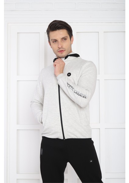 Erkek Spor Kar Melanj Spor Slimfit, Kapüşonlu, 4 Cepli, 4 Mevsim Eşofman Takımı - 6761