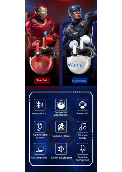 Marvel MR05 Gaming Gaming Boys Ultra Uzun Pil Ömrü Kablosuz Bluetooth Kulaklık-Kaptan Amerika (Yurt Dışından) modelleri