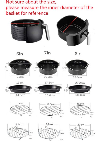 7 Parça 7 Inç (18cm) Yui / Xiaomi / Philips / Kumtel Uyumlu Air Fryer Aksesuarları Set - Siyah (Yurt Dışından)