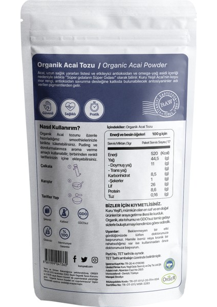 Kuru Yeşil Acai Tozu ,Acai  Powder ,Vegan , Glutensiz , Acai Üzümü Tozu 50 gr