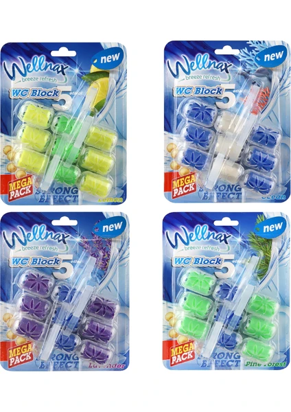 Wellnax Breeze Refresh Wc Klozet Blok Mega Paket Karışık Seri (Limon, Çam Ormanı, Okyanus, Lavanta) x4