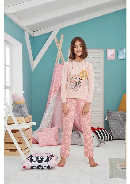 Sevimli Çocuk Baskılı Kız Çocuk Pijama Takımı 10014 Somon Somon - 6-7 Yaş