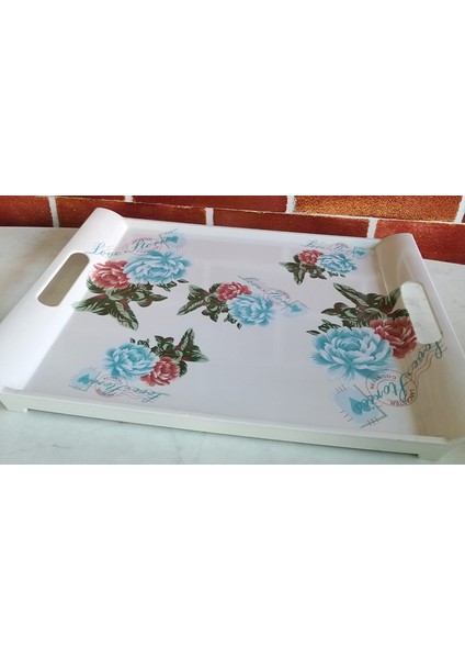 Turkuaz Gül Çay Tepsisi 30*20