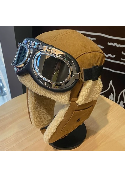 Vintage Aviator Şapka Gözlük Kostüm Kürk Kulak Pilot Şapkası Kış Maskesi Bombacı Şapkalar