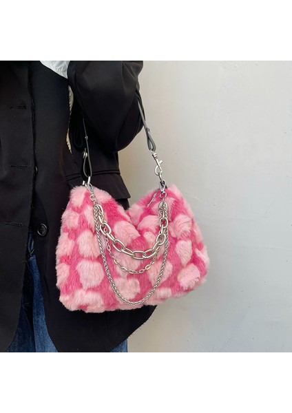 Pembe Kalp Yumuşak Peluş Tek Omuz Zincir Çapraz Askılı Tote