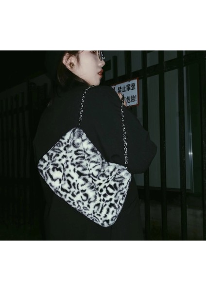 Yumuşak Peluş Leopar Baskı Omuz Çantası Faux Kürk Bayan Çanta Vintage Tote Cüzdan(Yurt Dışından) modelleri