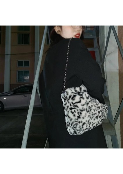Yumuşak Peluş Leopar Baskı Omuz Çantası Faux Kürk Bayan Çanta Vintage Tote Cüzdan(Yurt Dışından) fırsatları
