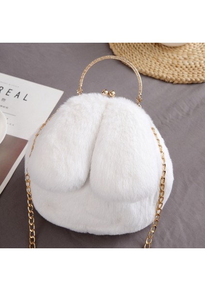 Yumuşak Peluş Omuz Çantası Faux Kürk Zincir Messenger Çanta Sevimli Tavşan Kulakları Klip Cüzdan Çanta