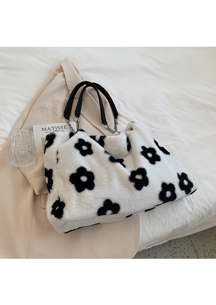 Faux Fur Tote Love Pattern Kürklü Omuz Çantası Yumuşak Peluş Seyahat