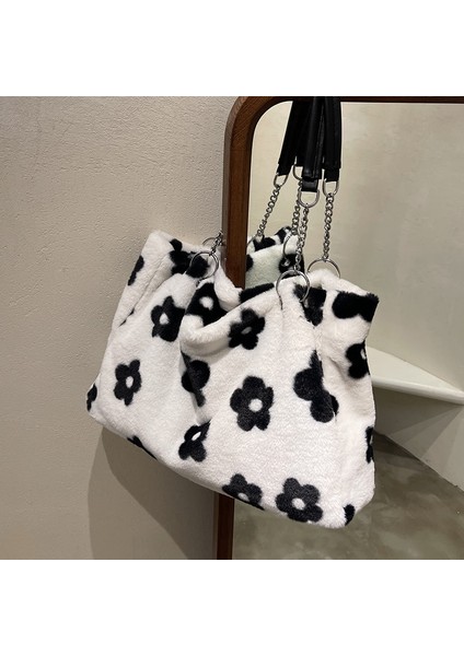Faux Fur Tote Love Pattern Kürklü Omuz Çantası Yumuşak Peluş Seyahat modelleri