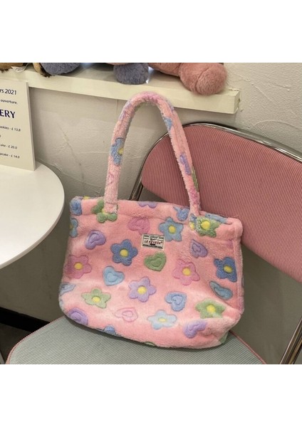 Yumuşak Peluş Çiçek Omuz Çantası Sevimli Çiçek Faux Fur Casual Tote Çanta Büyük Kapasiteli Okul Çantası