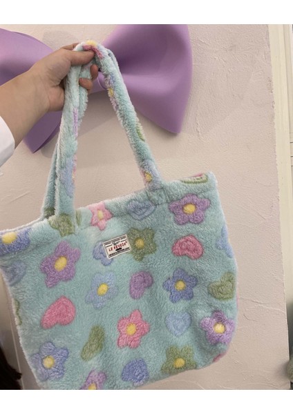 Yumuşak Peluş Çiçek Omuz Çantası Sevimli Çiçek Faux Fur Casual Tote Çanta Büyük Kapasiteli Okul Çantası indirimleri