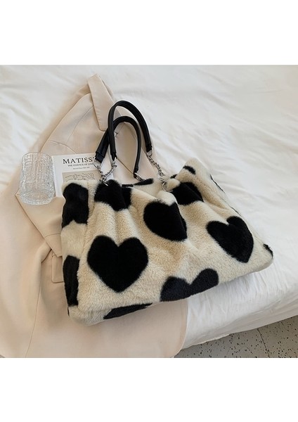 Faux Fur Tote Love Pattern Kürklü Omuz Çantası Yumuşak Peluş Seyahat