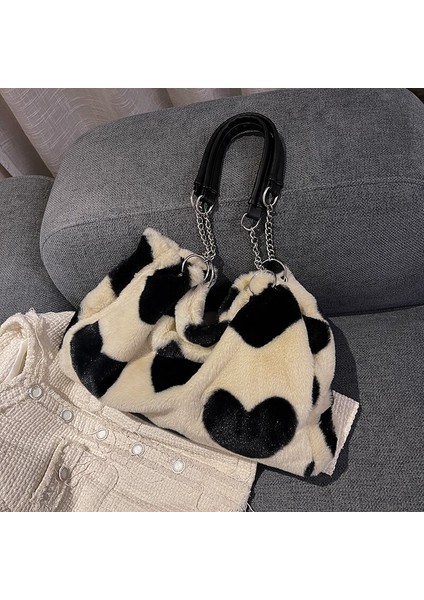 Faux Fur Tote Love Pattern Kürklü Omuz Çantası Yumuşak Peluş Seyahat