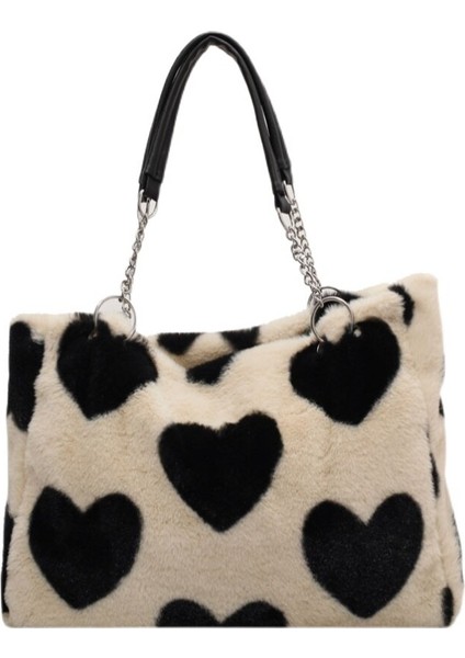 Faux Fur Tote Love Pattern Kürklü Omuz Çantası Yumuşak Peluş Seyahat