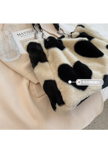 Faux Fur Tote Love Pattern Kürklü Omuz Çantası Yumuşak Peluş Seyahat